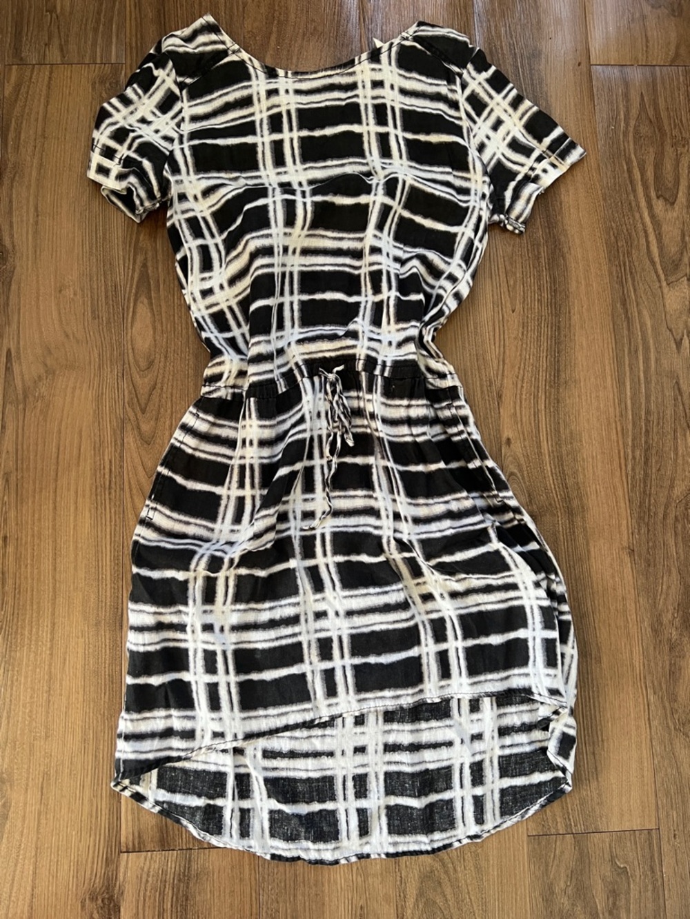 Caslon Black and White Linen Plaid High-Low Drawstring Dress